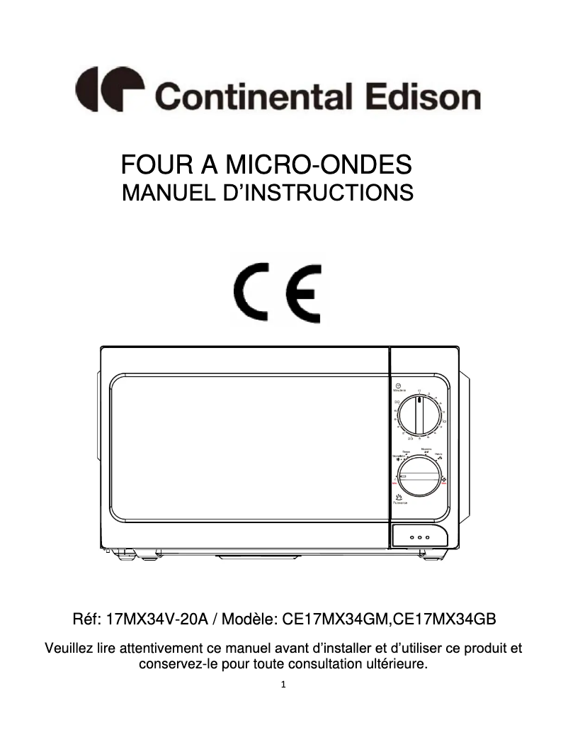 Page n°1 - Manuel utilisateur Continental Edison CE17MX34GM