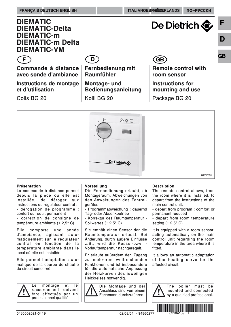 Página 1 del manual Manual de usuario De Dietrich DIEMATIC