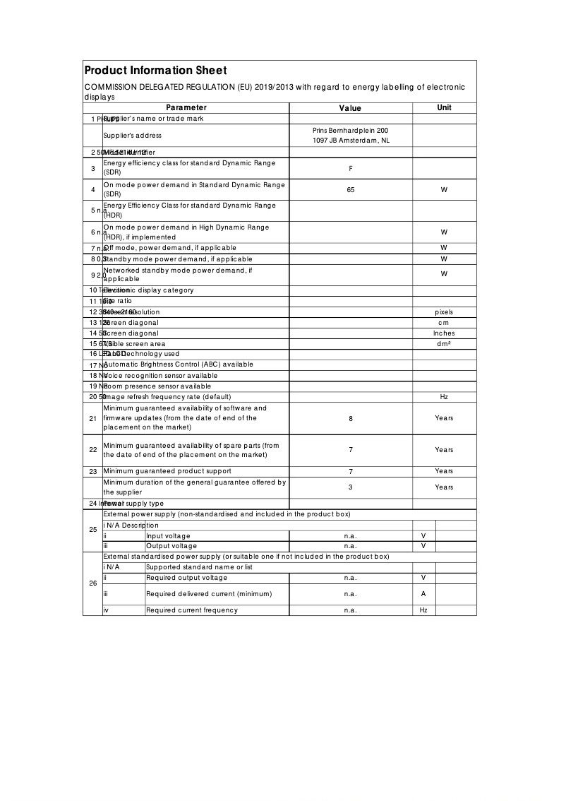 Page 1 de la notice Fiche technique Philips 50HFL5214U