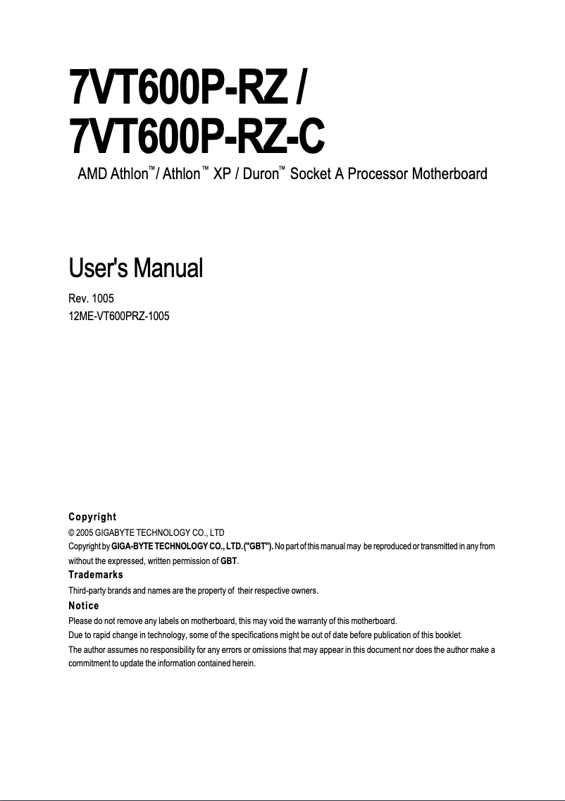 Image de la première page du manuel de l'appareil 7VT600P-RZC