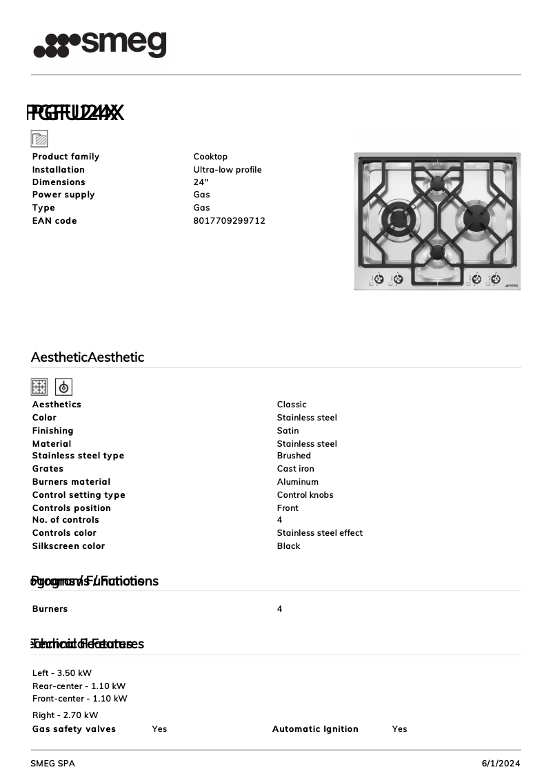 Page 1 de la notice Fiche technique Smeg PGFU24X