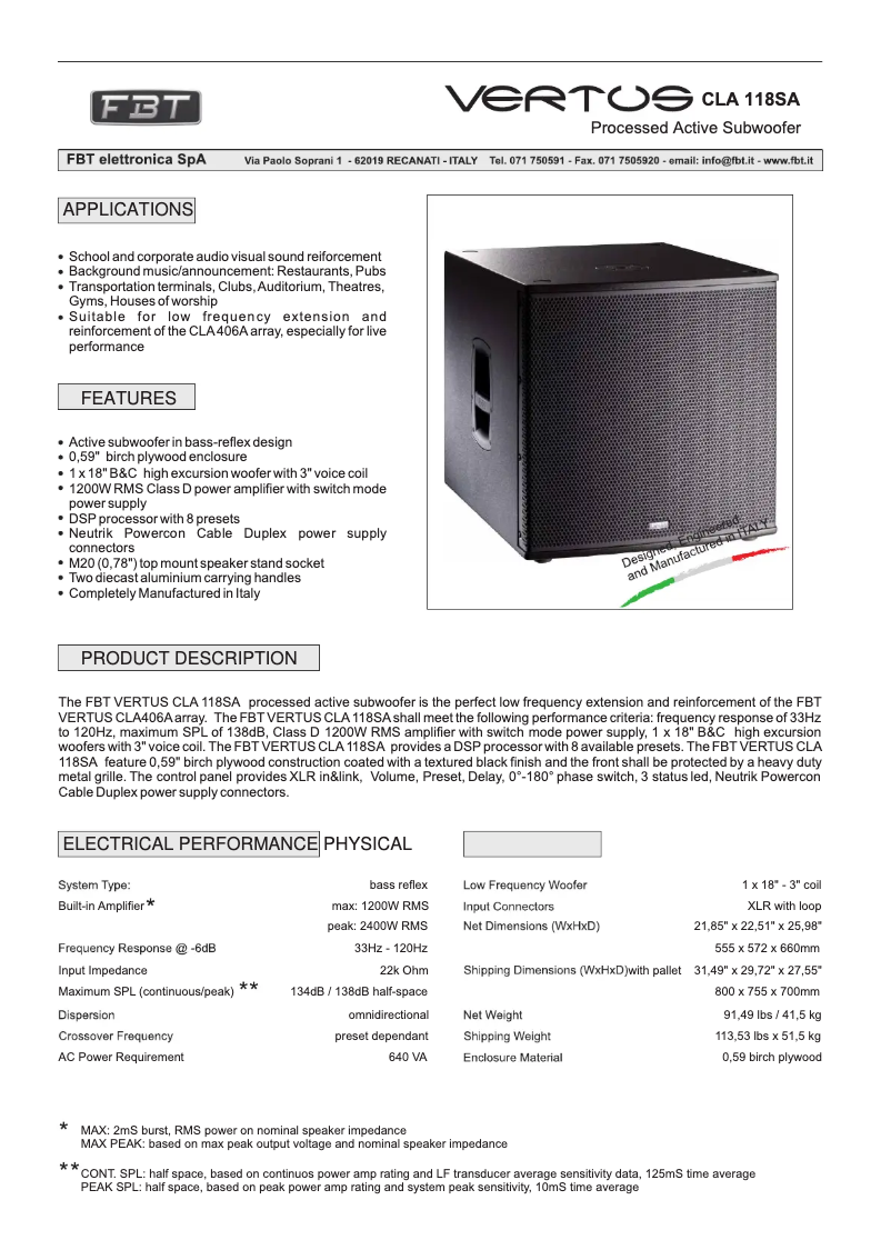 Page n°1 - Fiche technique FBT Vertus CLA 118 SA