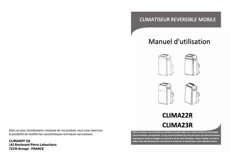 Page 1 de la notice Manuel utilisateur Climadiff Clima 22R