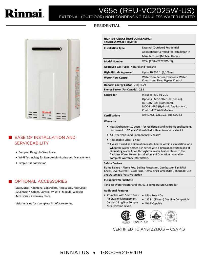 Page 1 de la notice Fiche technique Rinnai V65eN