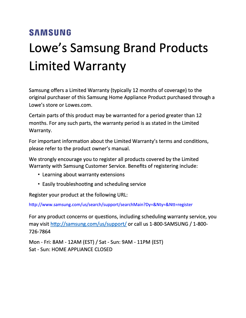 Page 1 de la notice Informations de garantie Samsung RS27T5200SG