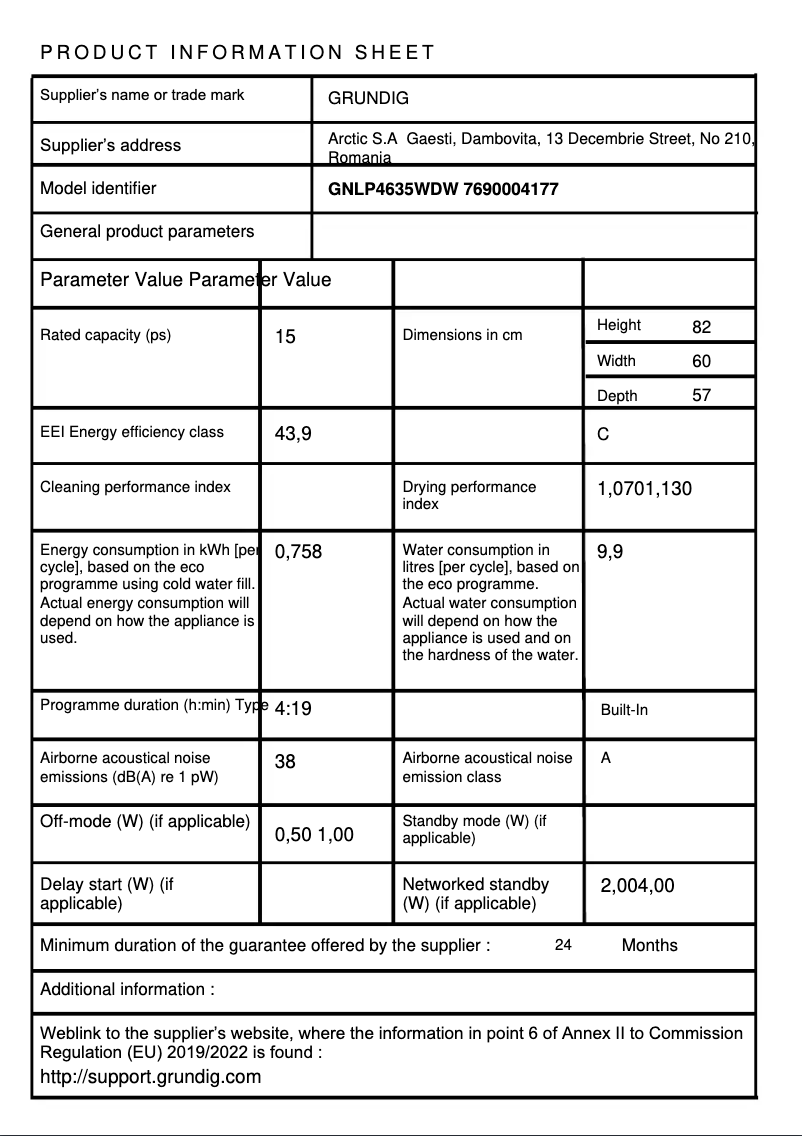 Page n°1 - Fiche technique Grundig GNLP4635WDW
