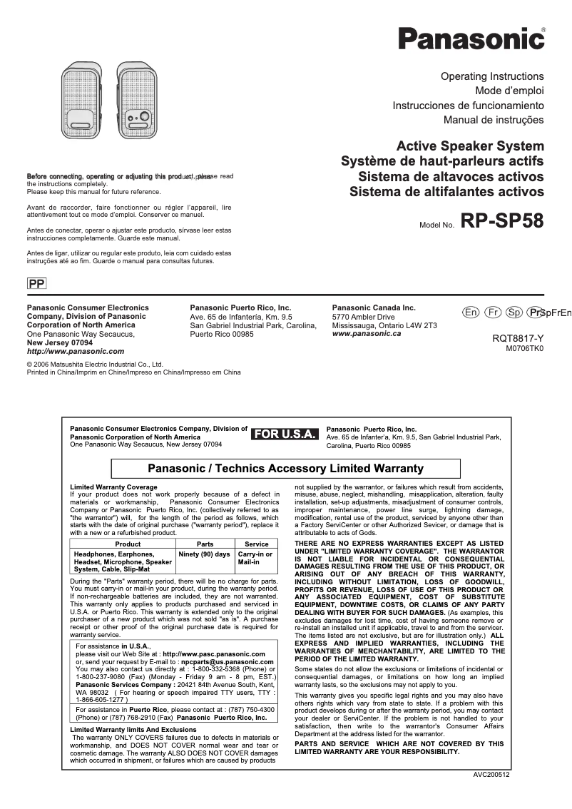Page 1 de la notice Manuel utilisateur Panasonic RP-SP58