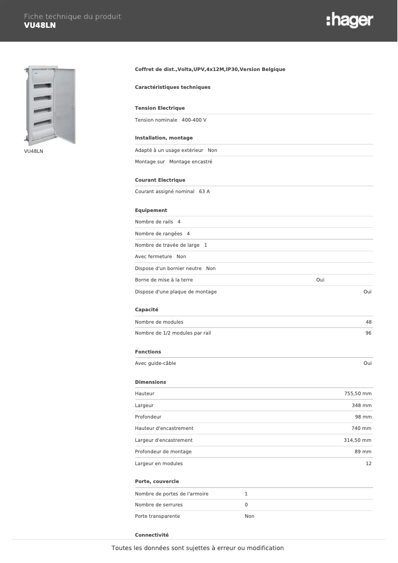 Page 1 de la notice Fiche technique Hager VU48LN