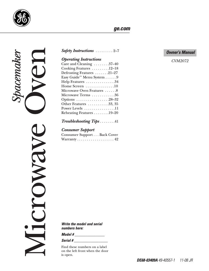 Page 1 de la notice Manuel d'utilisation et d'entretien GE Café CVM2072SMSS