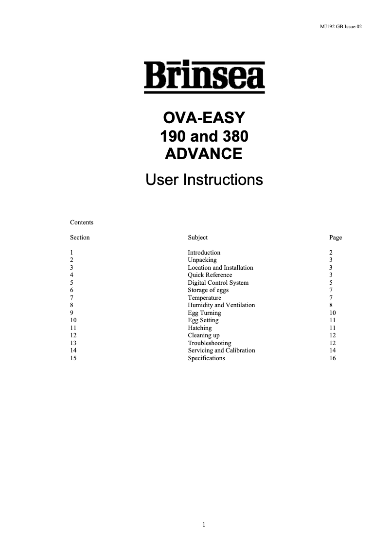 Page 1 de la notice Manuel utilisateur Brinsea OvaEasy 380 Advance