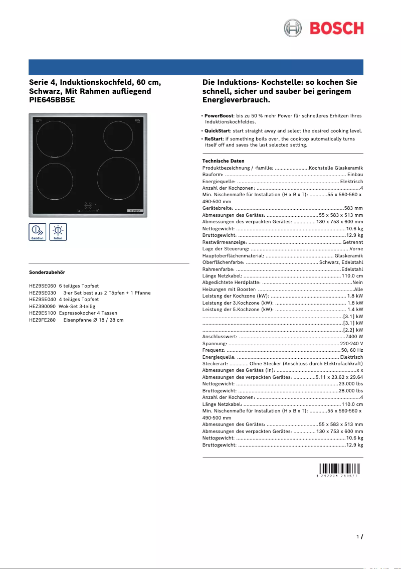 Page 1 de la notice Fiche technique Bosch PIE645BB5E