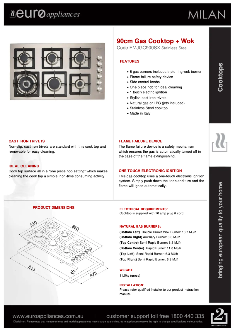 Page 1 de la notice Fiche technique Euro Appliances EMJGC900SX