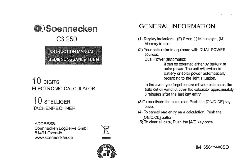 Page 1 de la notice Manuel utilisateur Soennecken CS250