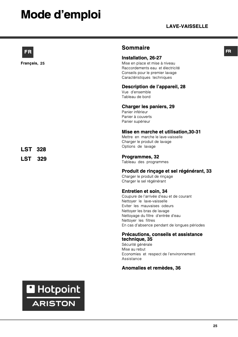 Page 1 de la notice Manuel utilisateur Hotpoint Ariston LST 329