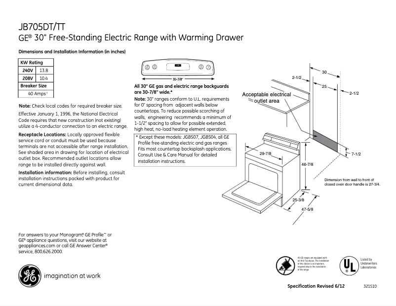 First page image of the manual for JB705TTWW
