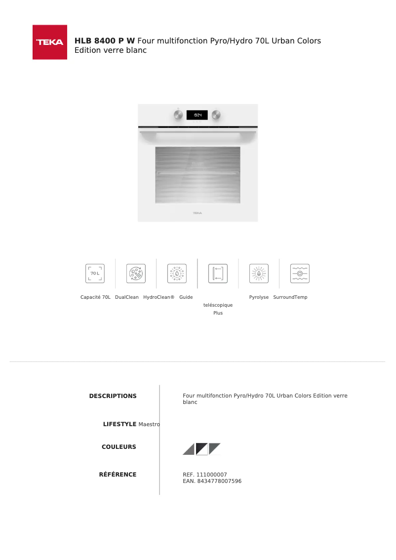 Page 1 de la notice Fiche technique Teka HLB 8400 P W