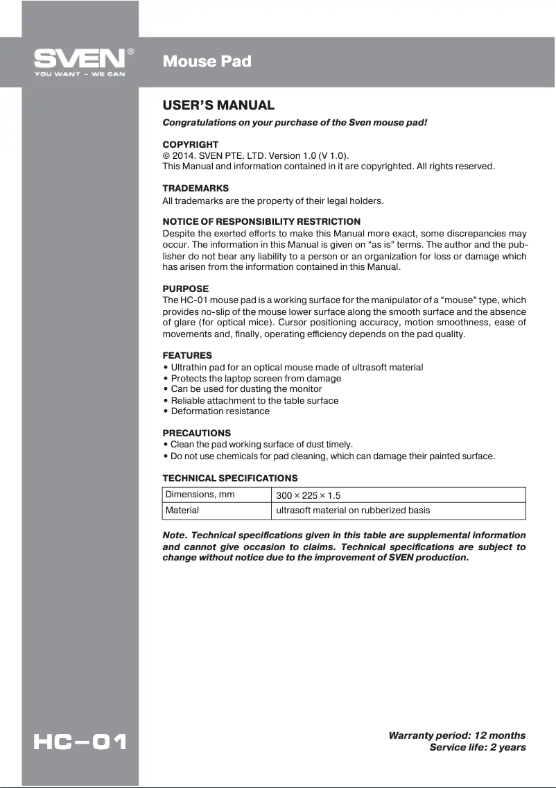 Page n°1 - Manuel utilisateur Sven HC-01