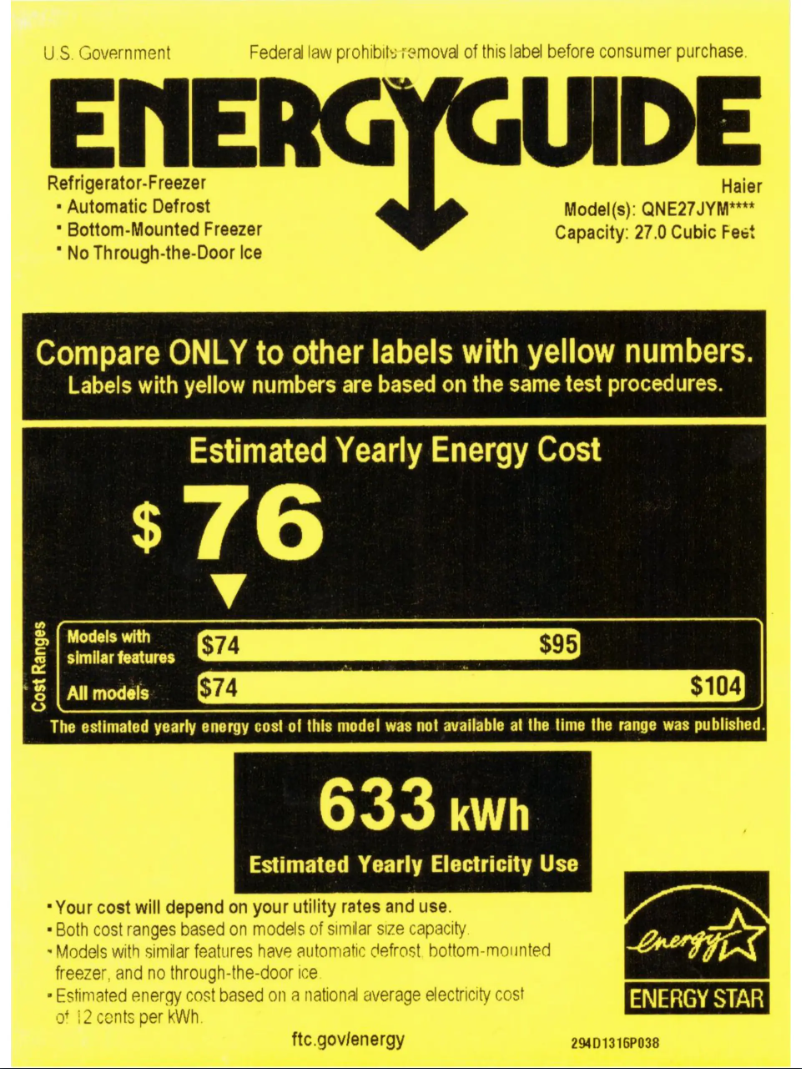Page 1 de la notice Label énergétique Haier QNE27JYMFS