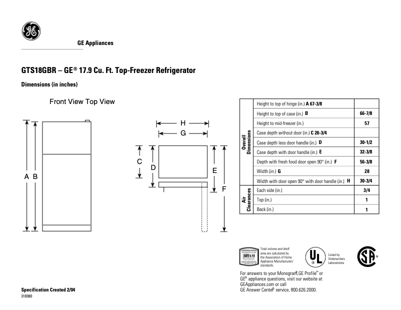 Page 1 de la notice Fiche technique GE GTS18GBRWW