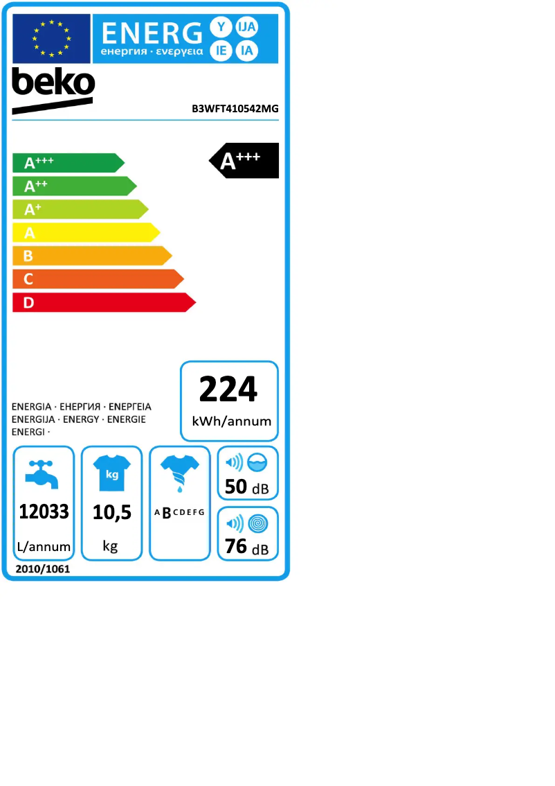 Page 1 de la notice Label énergétique Beko B3WFT410542MG