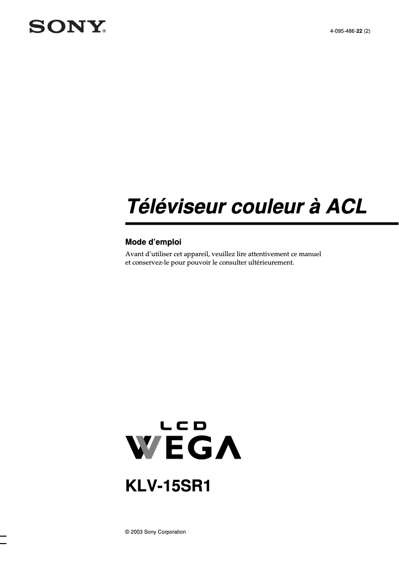 Image de la première page du manuel de l'appareil KLV-15SR1