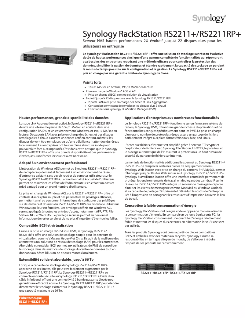 Page 1 de la notice Fiche technique Synology RS2211RP+