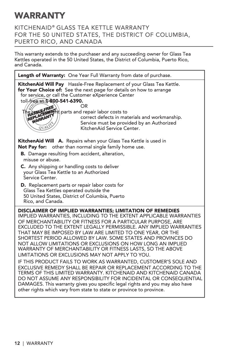 Page 1 de la notice Informations de garantie KitchenAid KEK1322SS