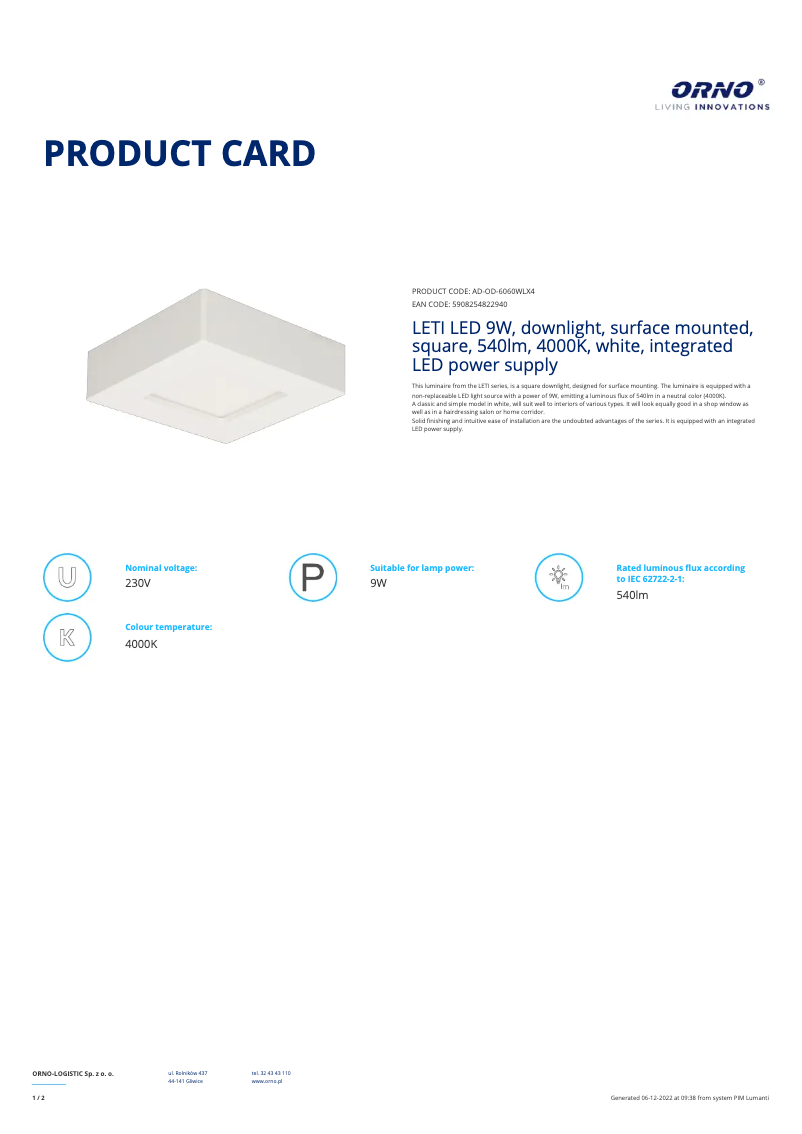 Page n°1 - Fiche technique Adviti AD-OD-6060WLX4
