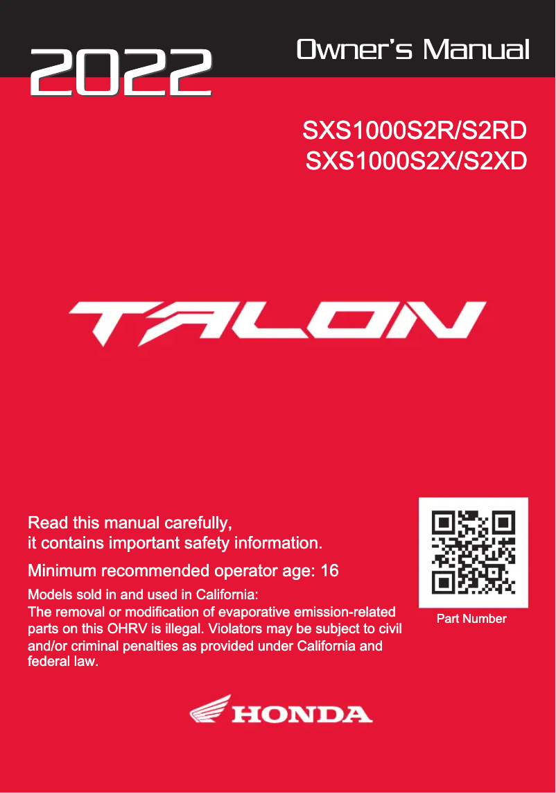 Page 1 de la notice Manuel utilisateur Honda Talon SXS1000S2XD (2022)