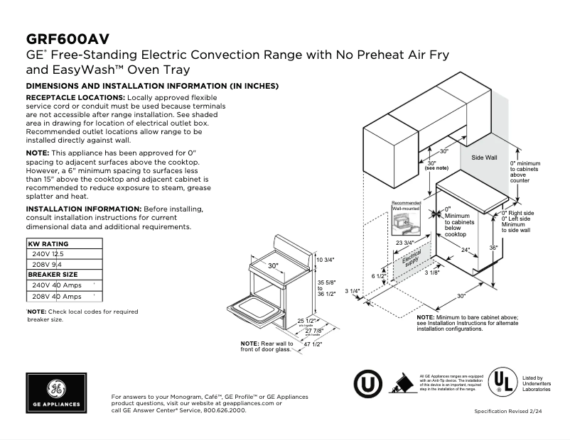 Page n°1 - Fiche technique GE GRF600AVWW