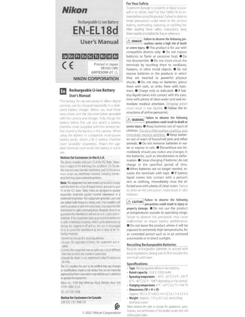 Page 1 de la notice Manuel utilisateur Nikon EN-EL18d