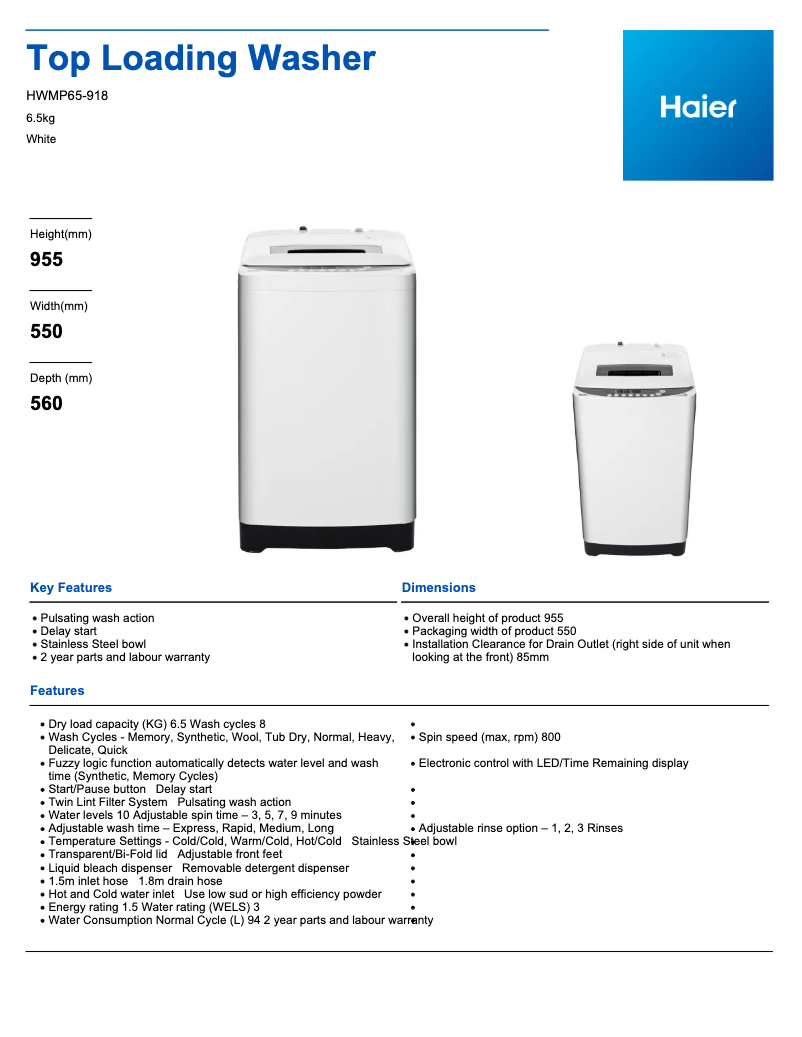 Page 1 de la notice Fiche technique Haier HWMP65-918