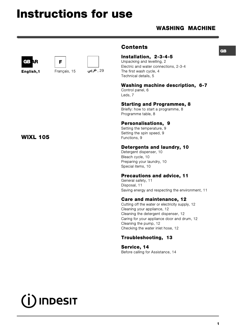 Image de la première page du manuel de l'appareil WIXL 105 (KW) (V)