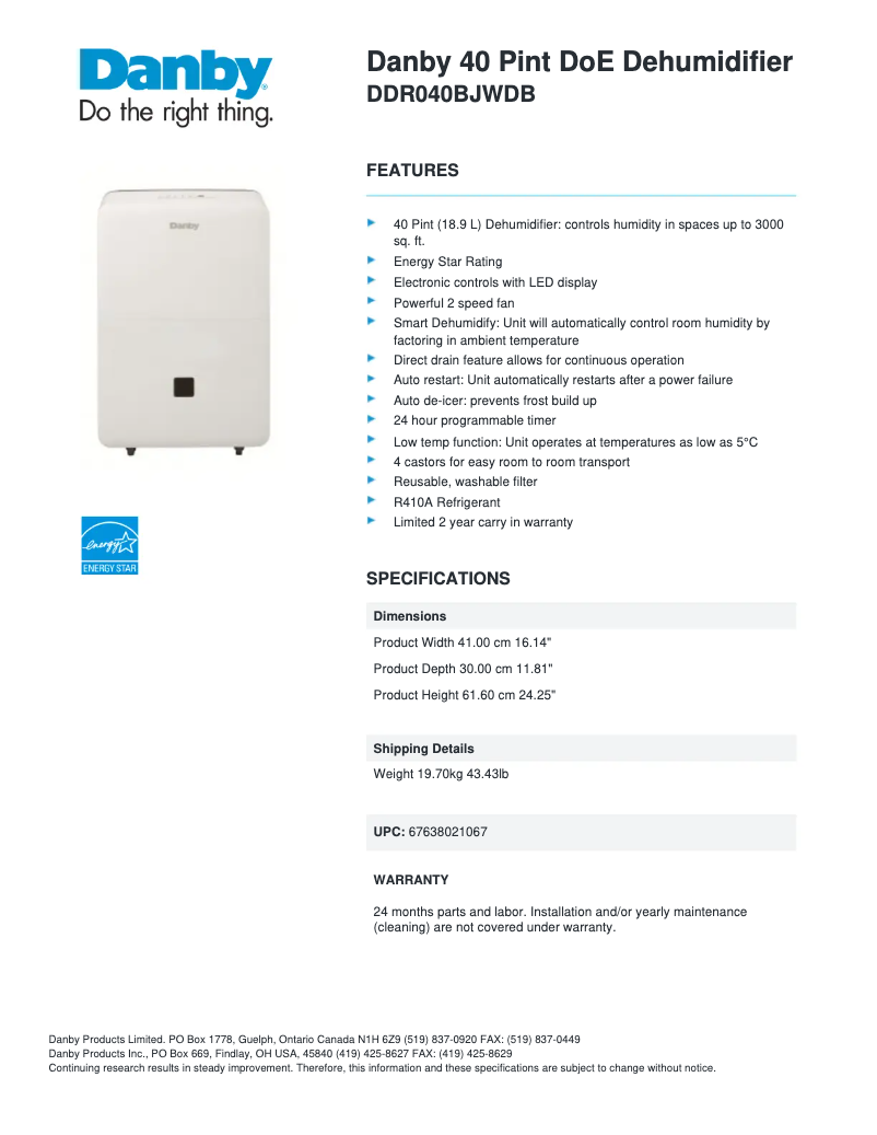 Page 1 de la notice Fiche technique Danby DDR040BJWDB