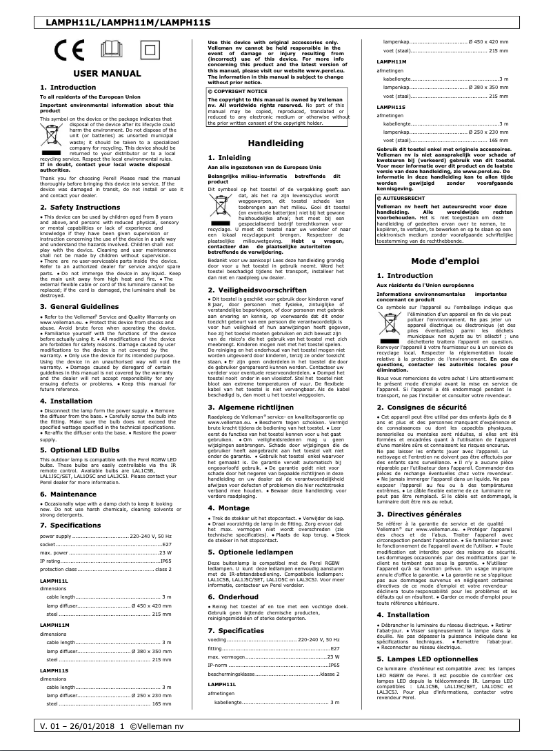 Page 1 de la notice Manuel utilisateur Perel LAMPH11L