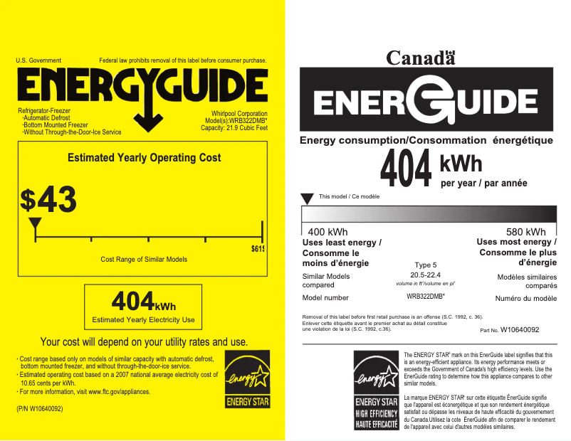 Page 1 de la notice Label énergétique Whirlpool WRB322DMBW