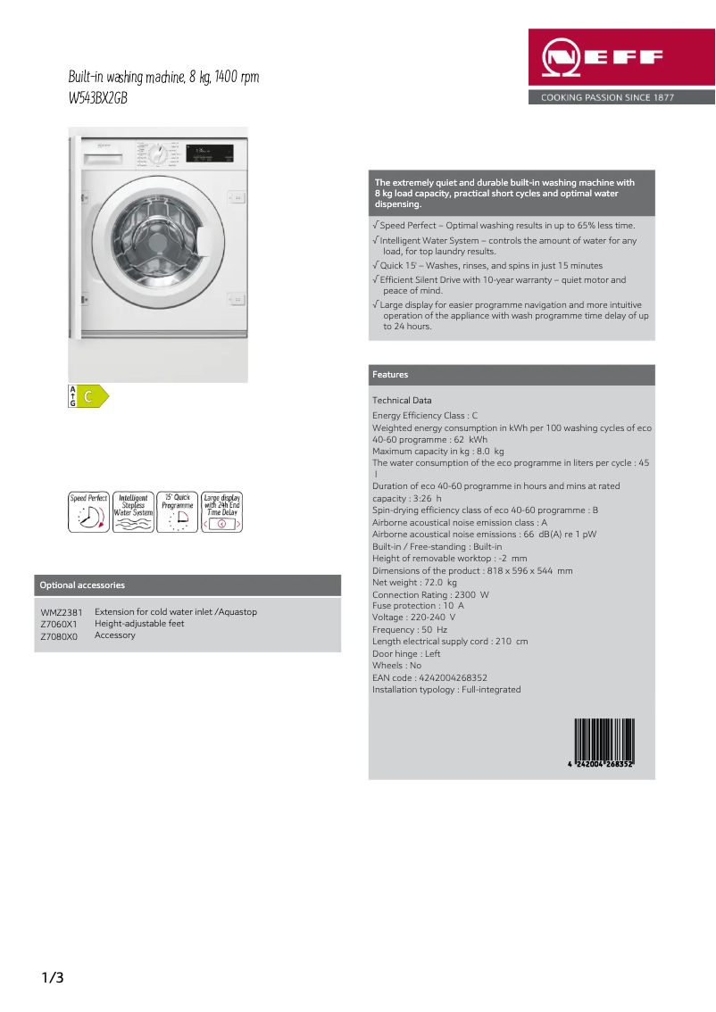 Page 1 de la notice Fiche technique Neff W543BX2GB