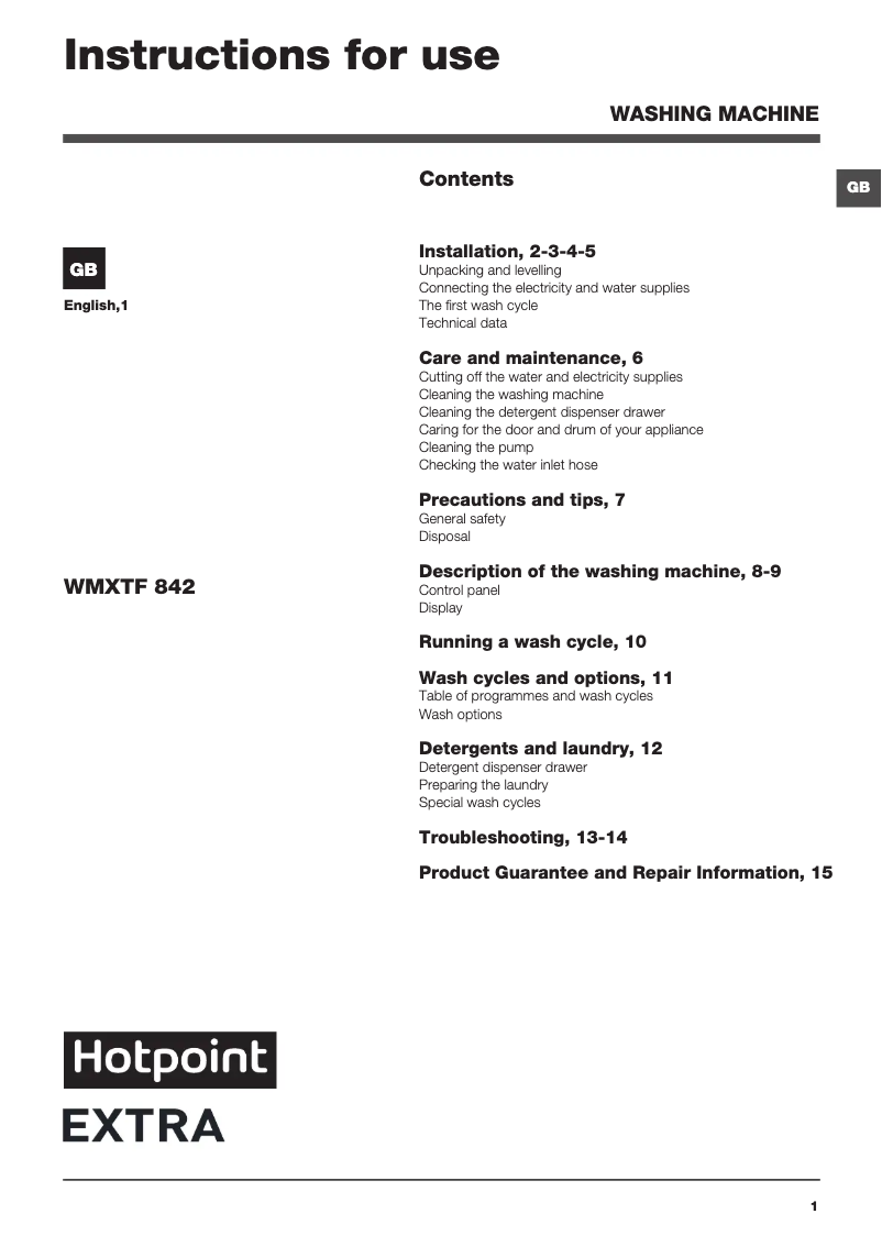 Page 1 de la notice Manuel utilisateur Hotpoint WMXTF 842G UK.R