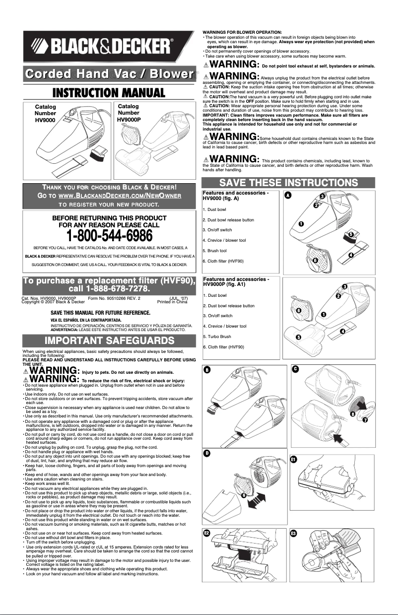 Page 1 de la notice Manuel utilisateur Black & Decker HV9000P