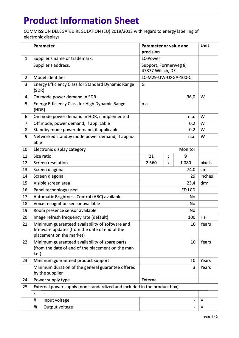 Page n°1 - Manuel utilisateur LC-Power LC-M29-UW-UXGA-100-C