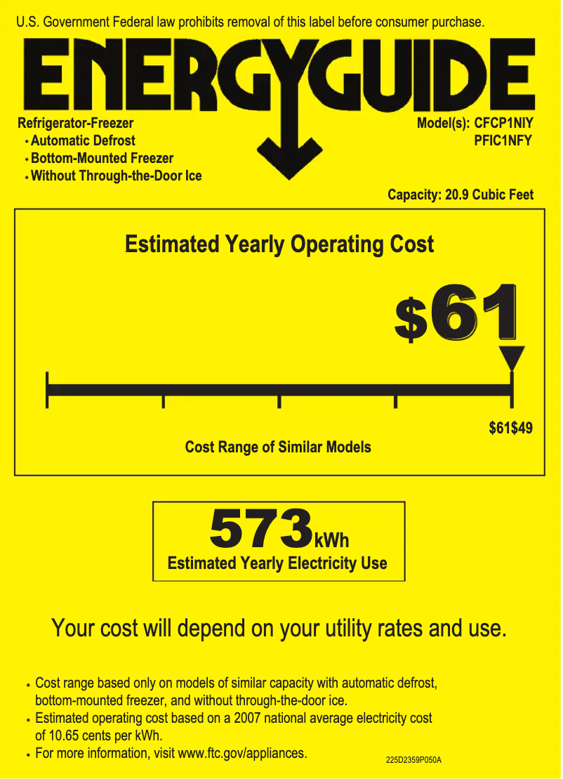 Page n°1 - Label énergétique GE Profile PFIC1NFYBV