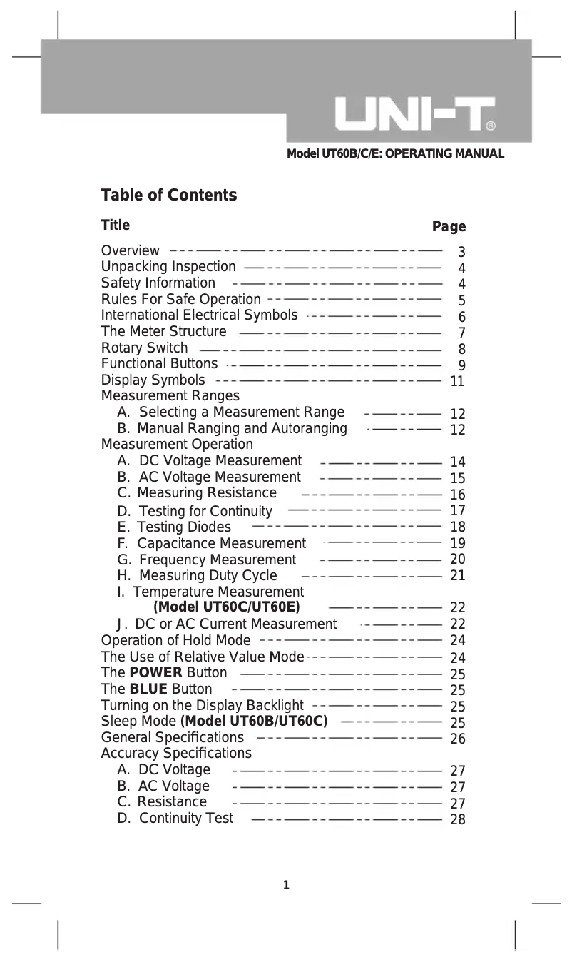 Page 1 de la notice Manuel utilisateur Uni-T UT60E