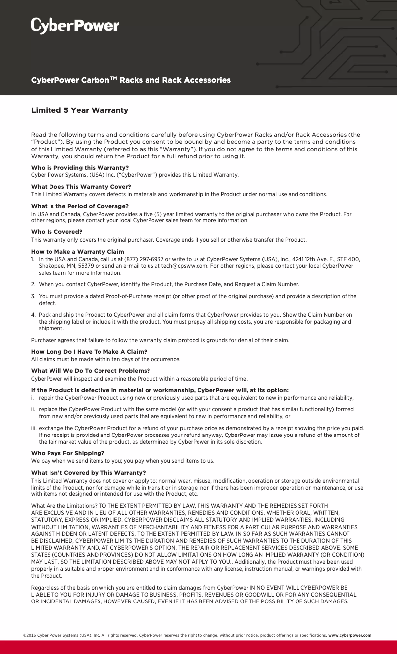 Page n°1 - Informations de garantie CyberPower CRA60002