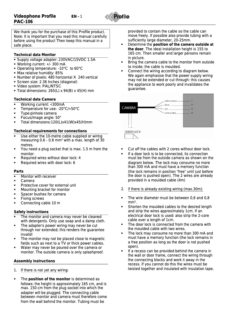 Page 1 de la notice Manuel utilisateur Profile PAC-106 Classic