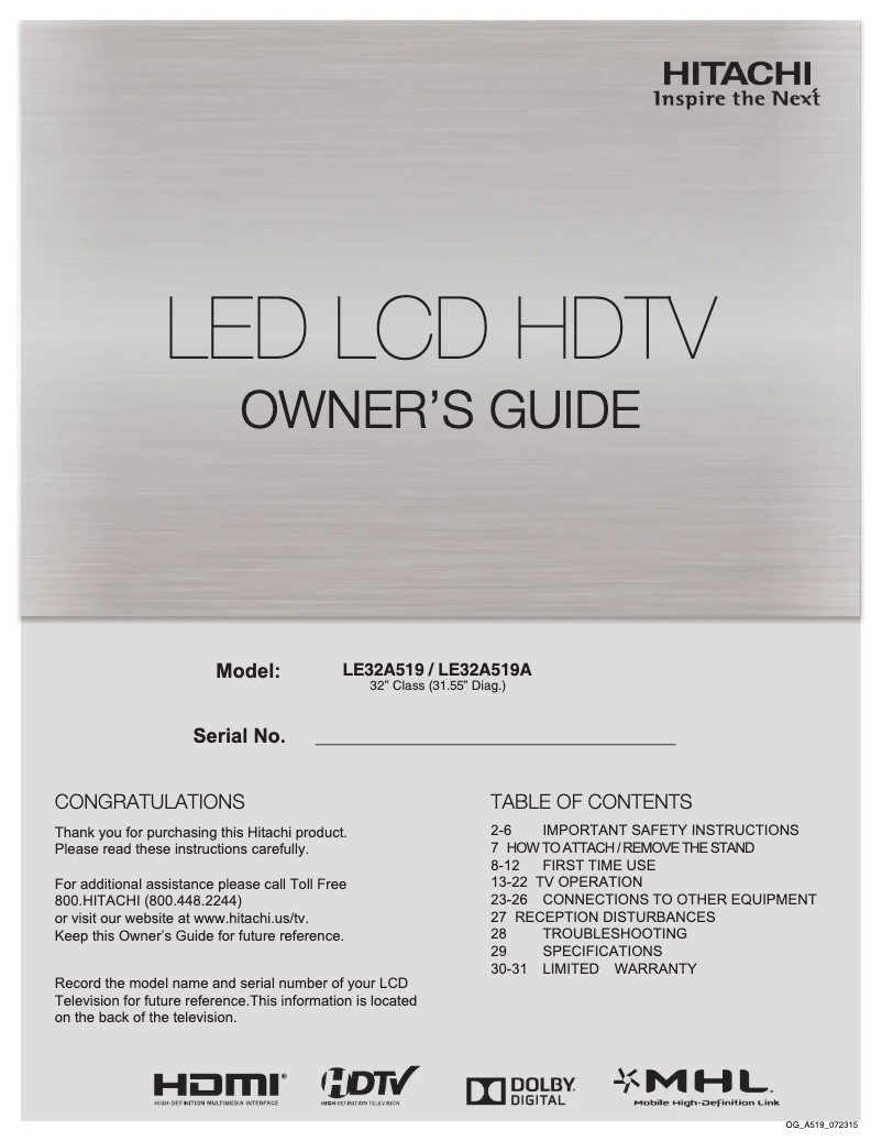 Image de la première page du manuel de l'appareil LE32A519A