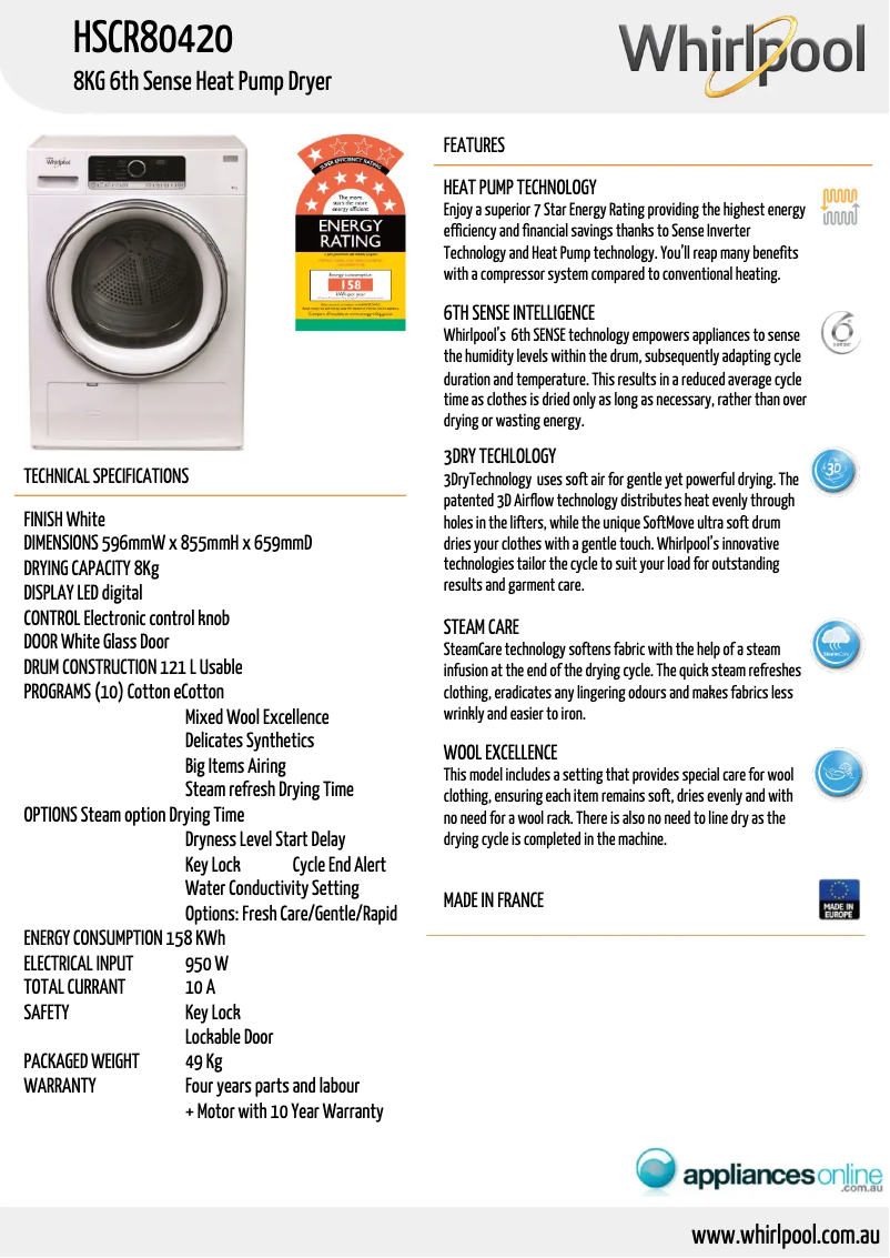 Page n°1 - Fiche technique Whirlpool HSCR 80420