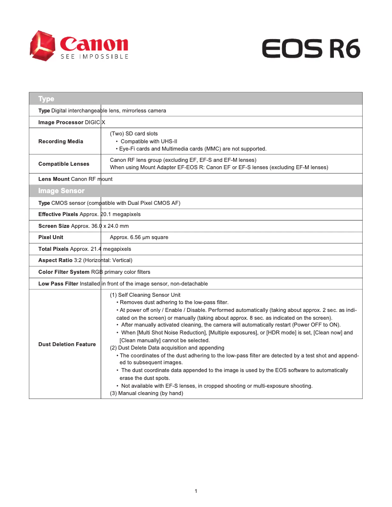 Page 1 de la notice Fiche technique Canon EOS R6