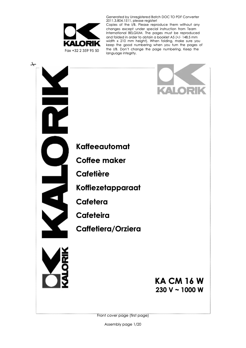 Page 1 de la notice Manuel utilisateur Kalorik KA CM 16 W