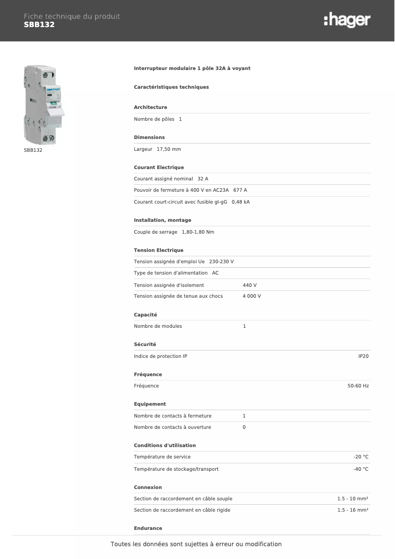 Page 1 de la notice Fiche technique Hager SBB132