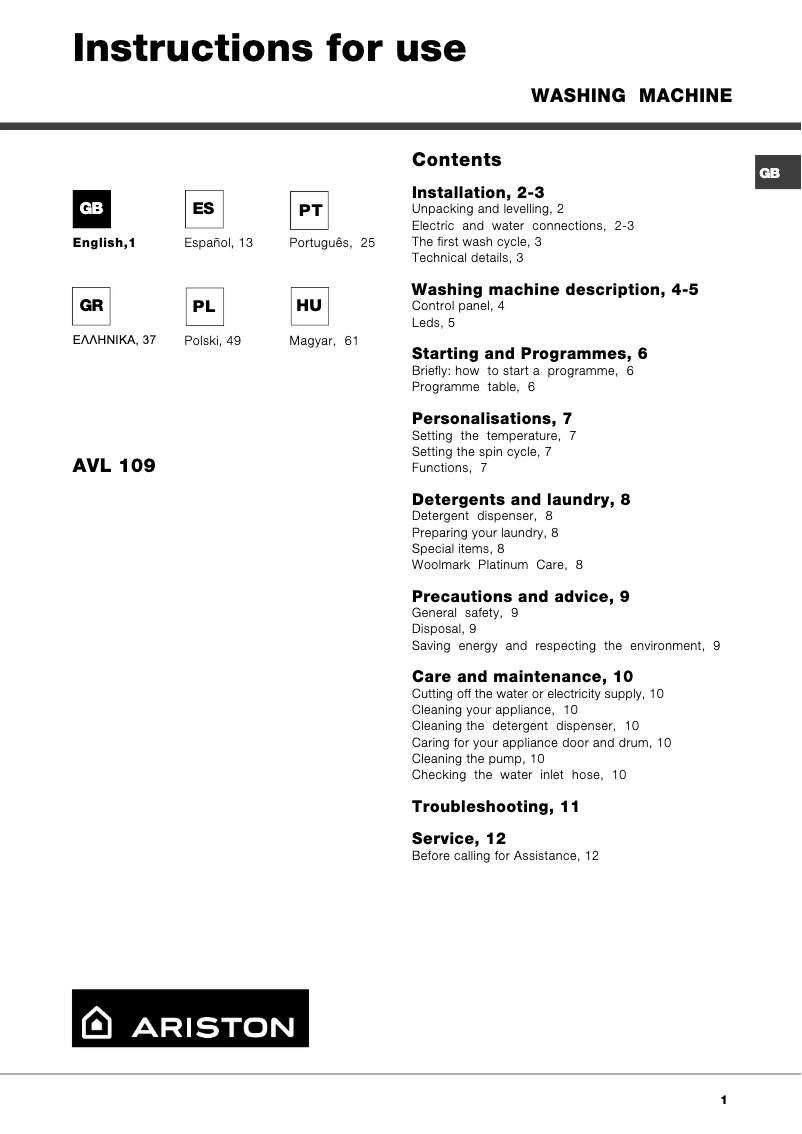 Page n°1 - Manuel utilisateur Ariston Thermo AVL109